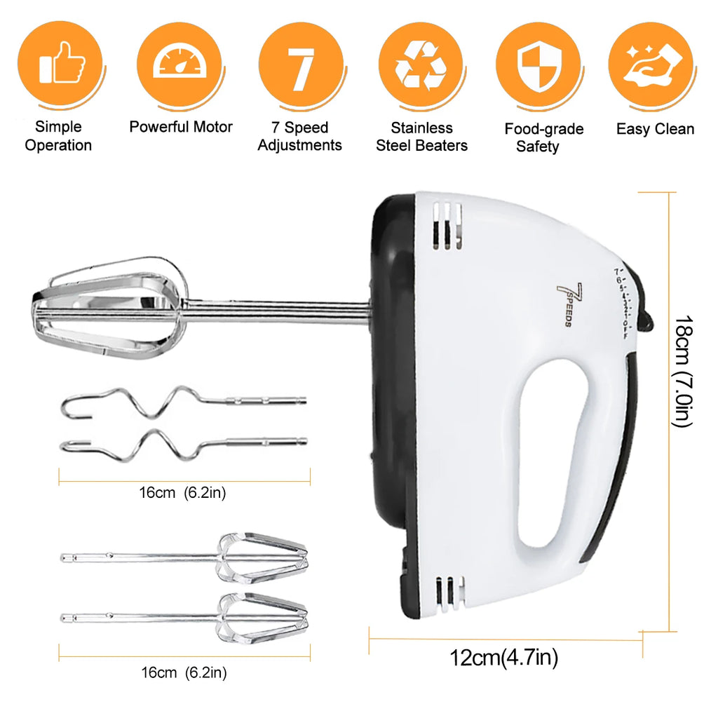 Electric Hand Mixer 7 Speed Stainless Steel Egg-Whisk Electric Mixer, Includes 2 Beaters & 2 Dough Hooks, Robust & Easy-Clean
