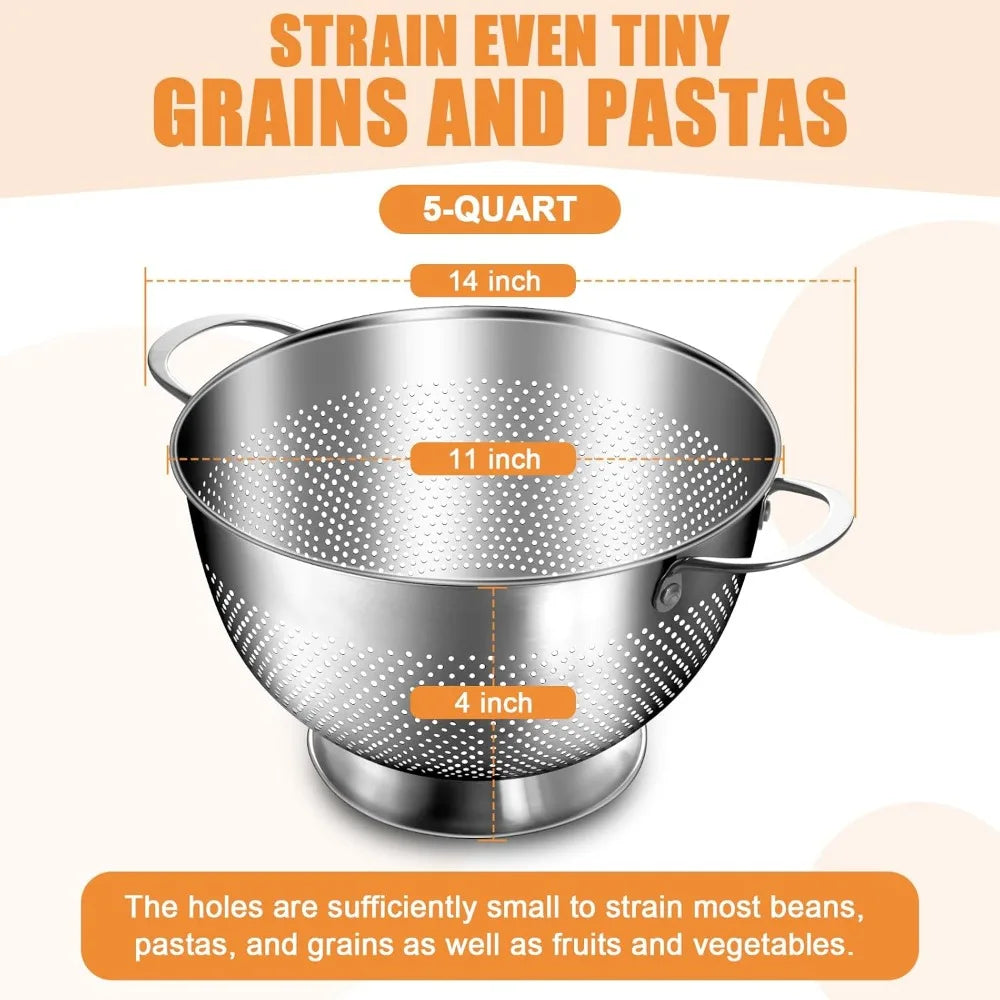 Stainless Steel Colander for Kitchen | 5 Quart Durable Rice and Pasta Strainer with Handle | Oversized Handles | Nesting Design | Rust-Resistant & Dishwasher Safe