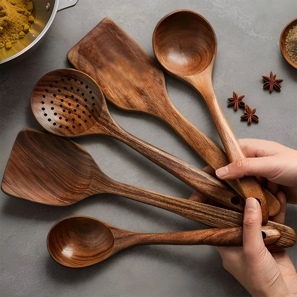 5PCS Wooden Kitchen Utensils Kit Ergonomic Handles Natural Wooden Spoons Spurtle Ladle and Wok Spatulas Cookware Accessories