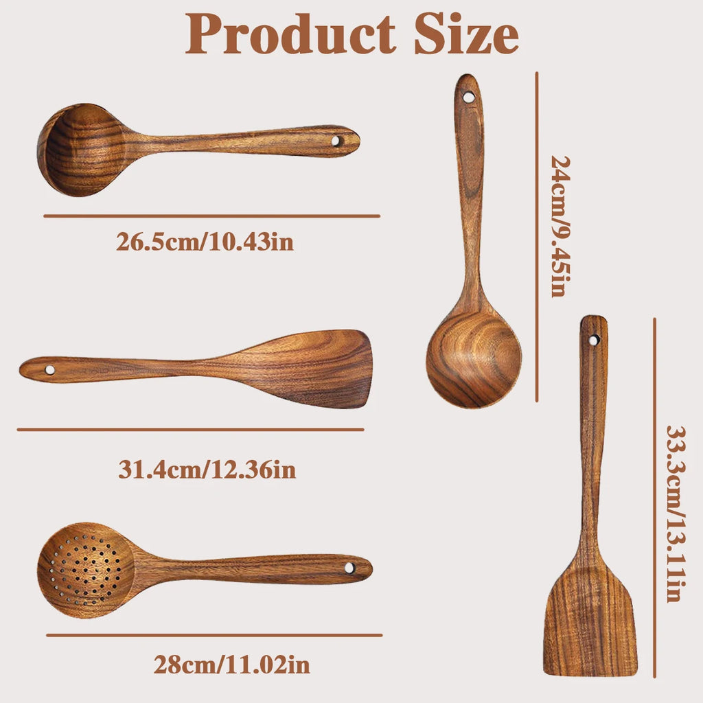 5PCS Wooden Kitchen Utensils Kit Ergonomic Handles Natural Wooden Spoons Spurtle Ladle and Wok Spatulas Cookware Accessories