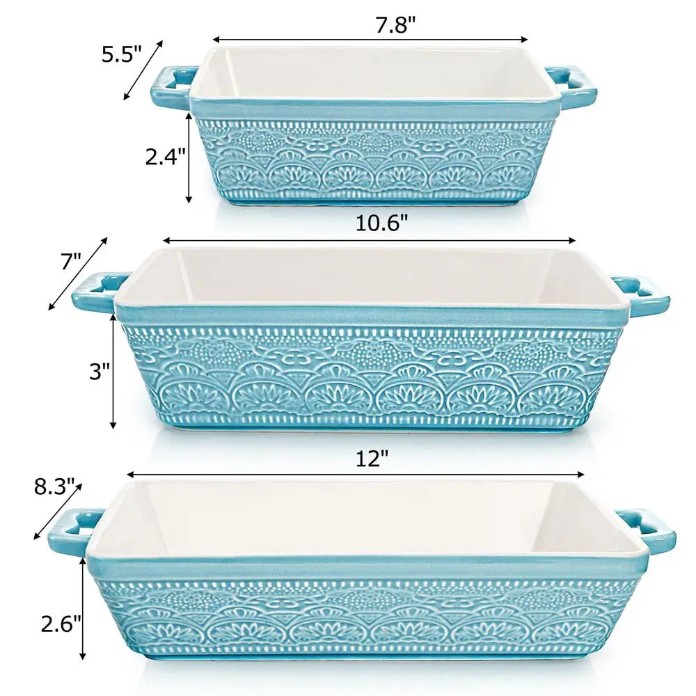 Set of 3 Ceramic Baking Dishes, Rectangular Bakeware with Handles, Elegant Casserole Dish Set Lasagna Pan for Baking, Cooking,
