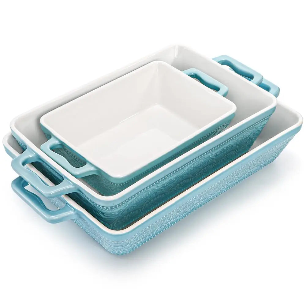 Set of 3 Ceramic Baking Dishes, Rectangular Bakeware with Handles, Elegant Casserole Dish Set Lasagna Pan for Baking, Cooking,