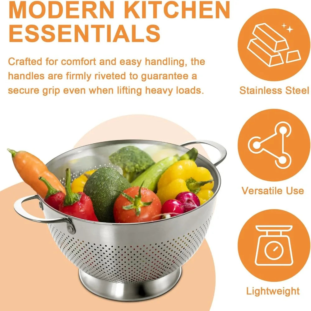 Stainless Steel Colander for Kitchen | 5 Quart Durable Rice and Pasta Strainer with Handle | Oversized Handles | Nesting Design | Rust-Resistant & Dishwasher Safe